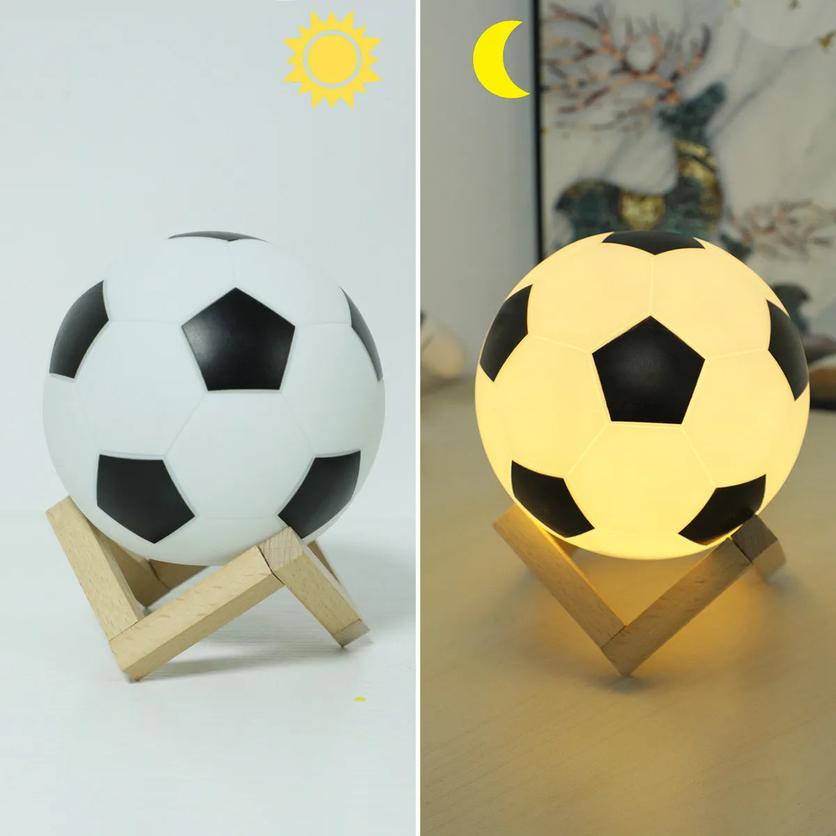 Soccer ball night light on wooden stand, 14 cm, 1pc, battery powered