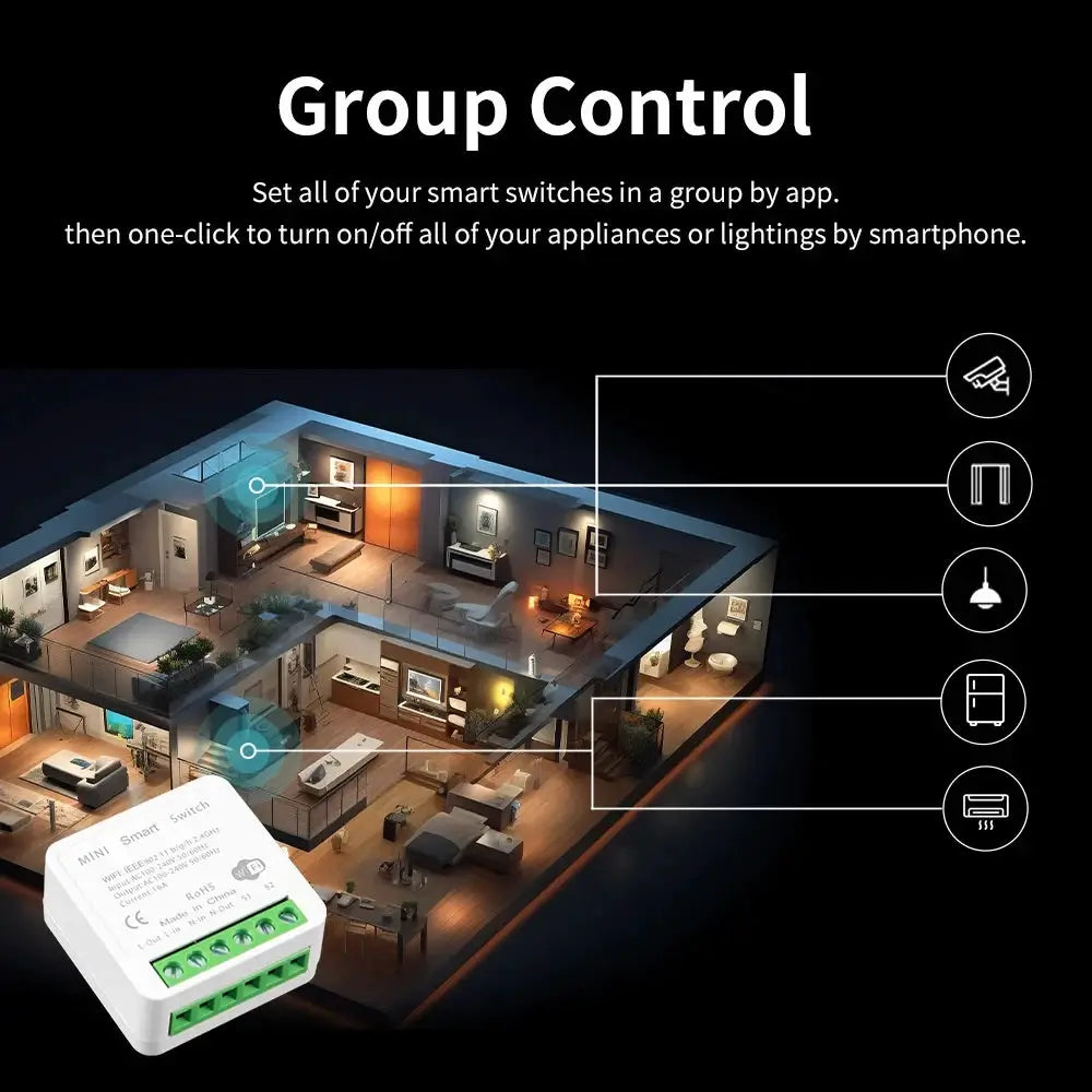 Zigbee 16A 1/2‑CH Smart Switch Relay Module by Simples Market; compact white device for Tuya Smart Life, Alexa, Google.