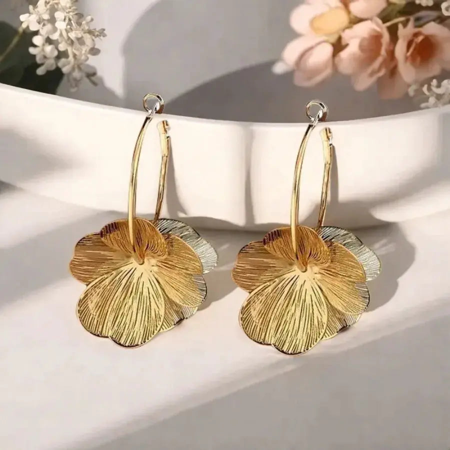 Gold plated floral petal hoop earrings by Simples Market; two-tone layered petals, lightweight fashion jewelry (pair)