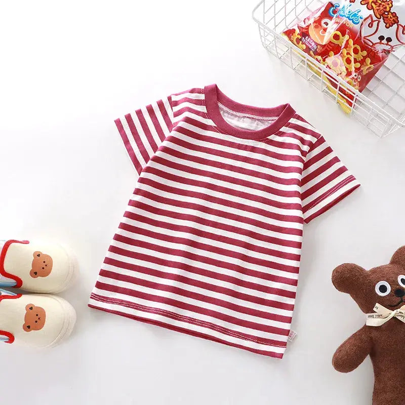 100 Percent Cotton Striped T Shirt For Kids 4 To 6 Years Red Tee Boys And Girls Wholesale Tops Childrens Clothing 2026