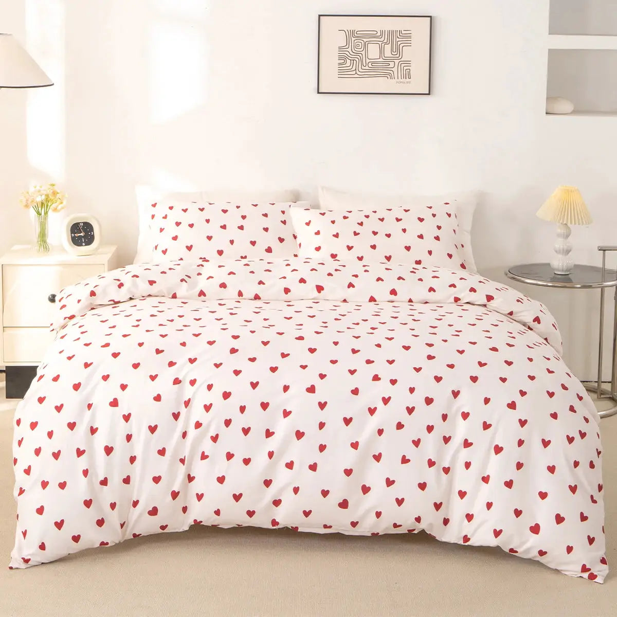 3pc Small Red Heart Printed Duvet Cover Set by Simples Market with white background and 2 matching pillowcases