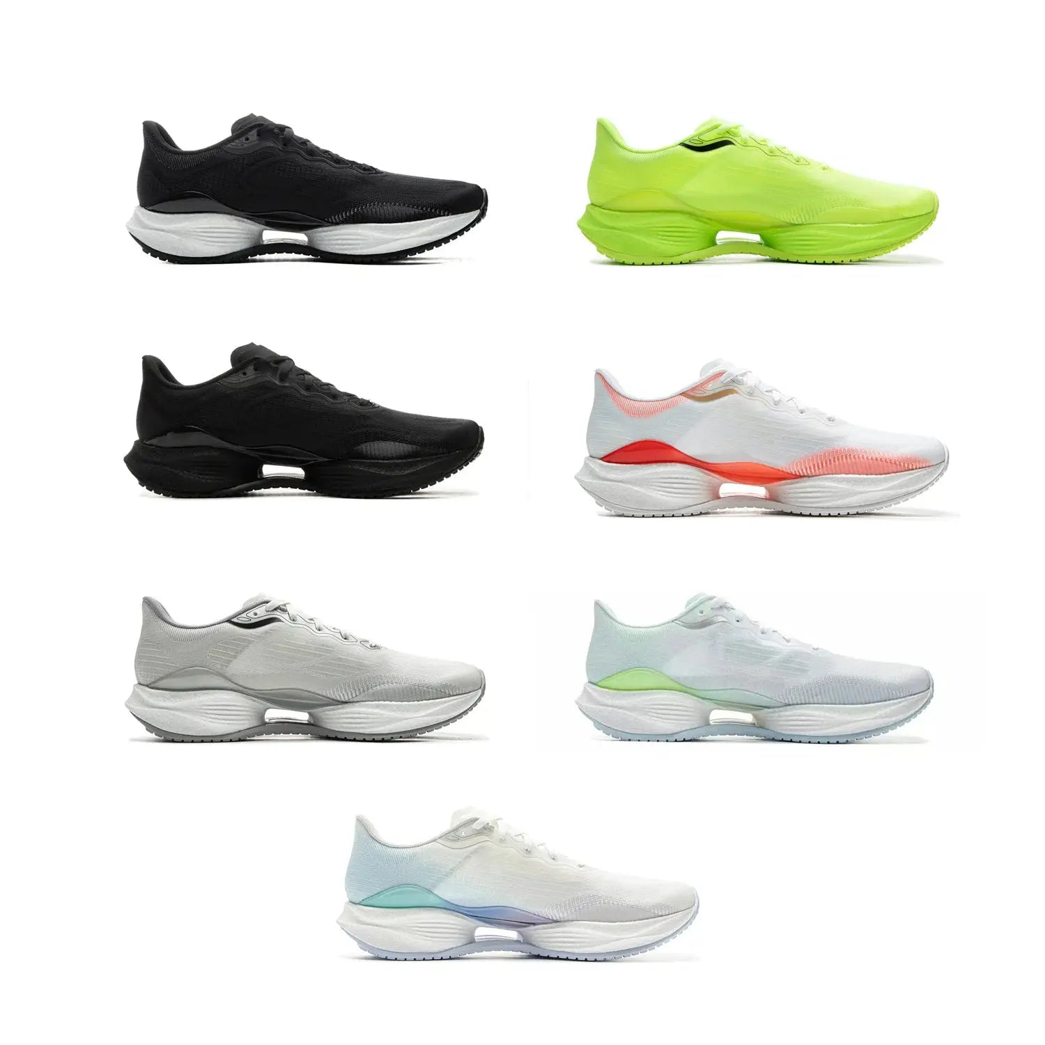 Li-Ning Men's Super Light 22 running shoes, 9 colorways shown including black, neon green, white-pink, gray, aqua