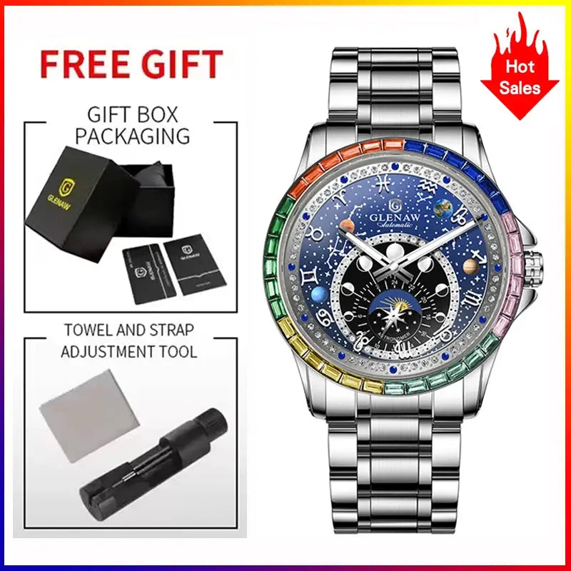 GLENAW Rainbow bezel circle mechanical watch for men with stainless steel bracelet and constellation dial