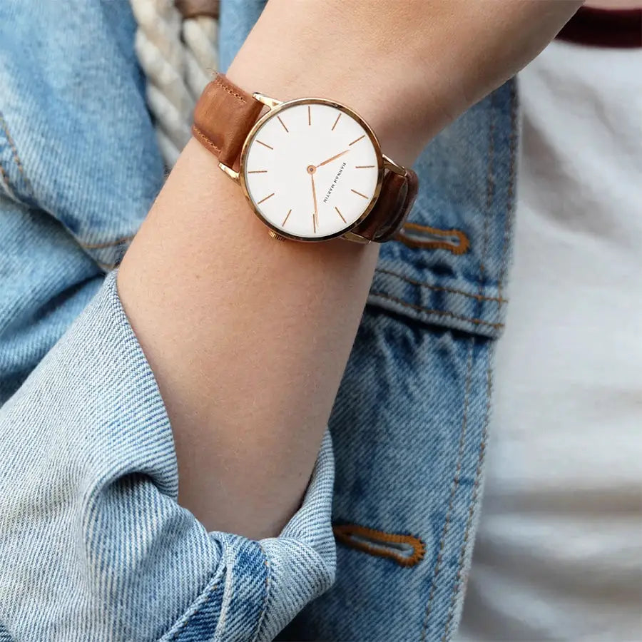 Hannah Martin women's wristwatch, rose-gold case with brown leather strap and white dial