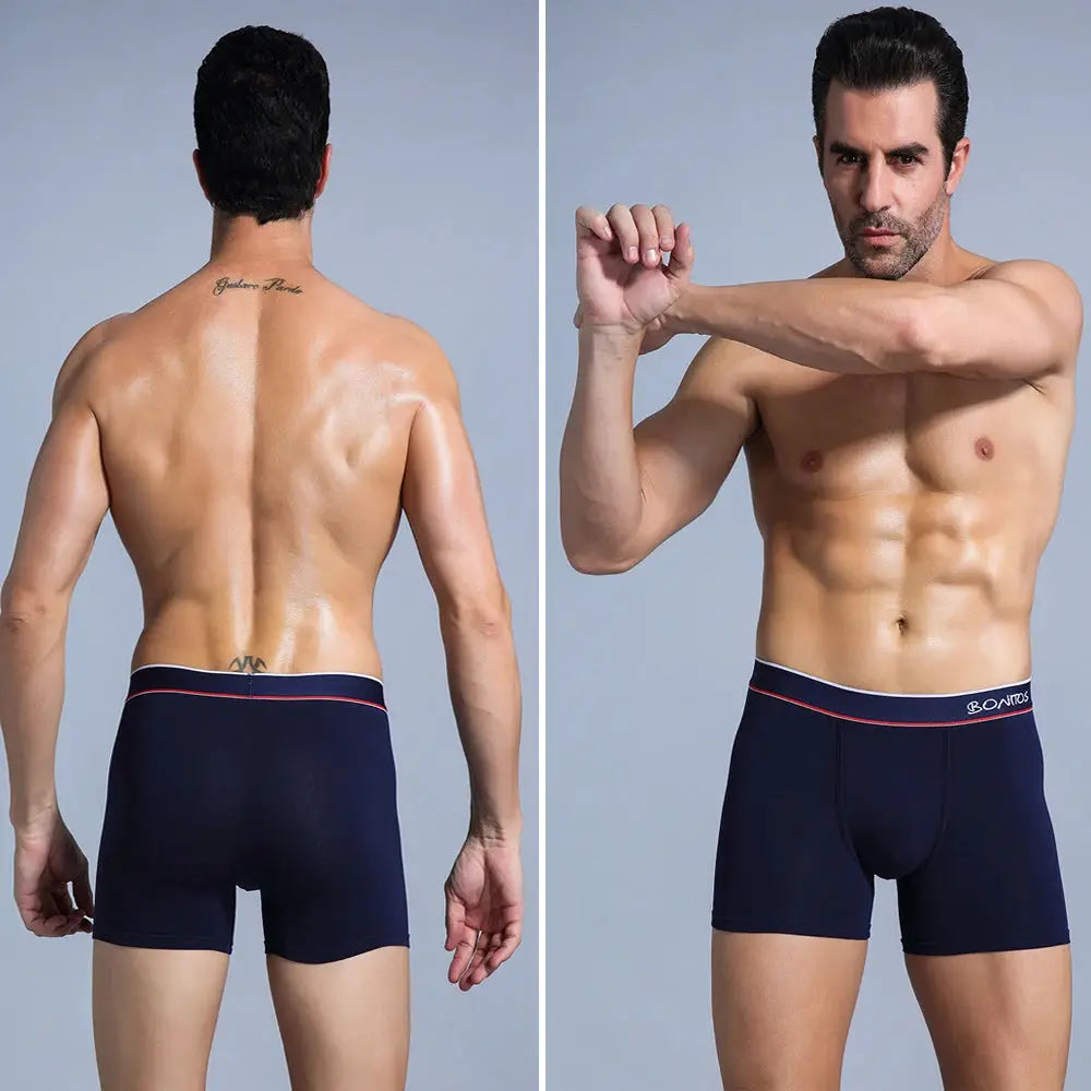 Simples Market men's navy cotton boxers with red-white waistband; front and back views, plus-size underwear.