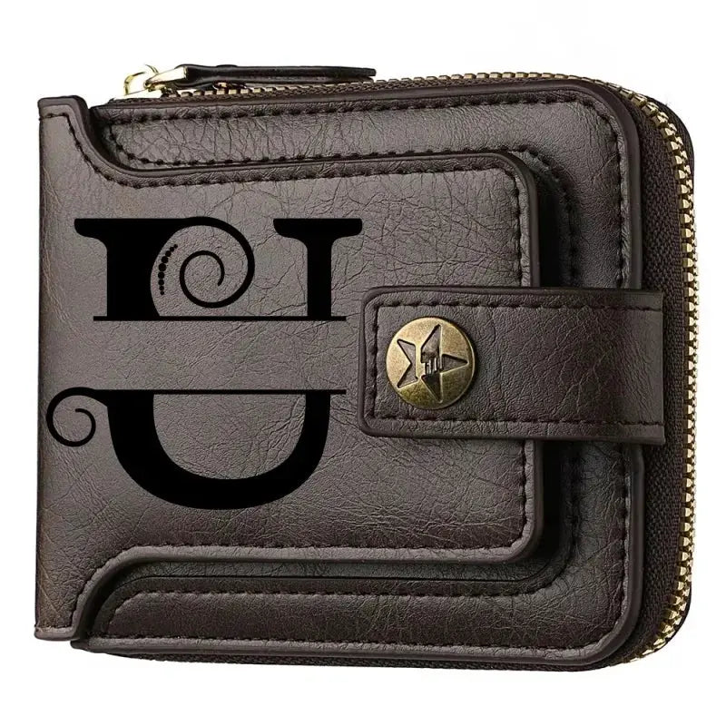 Personalized PU leather short bifold wallet for men with strap, brown
