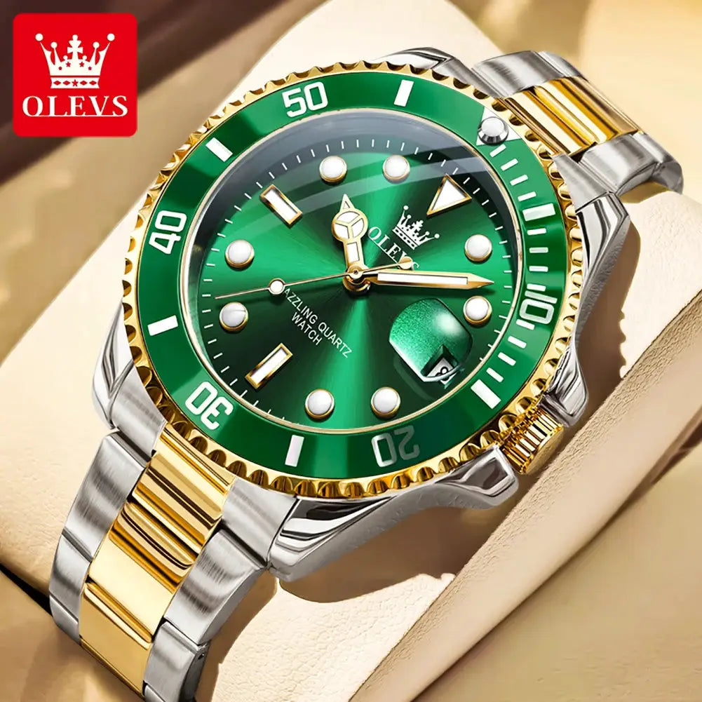 OLEVS 5885 men's two-tone stainless steel diver watch with green dial, green bezel, luminous hands, and date window