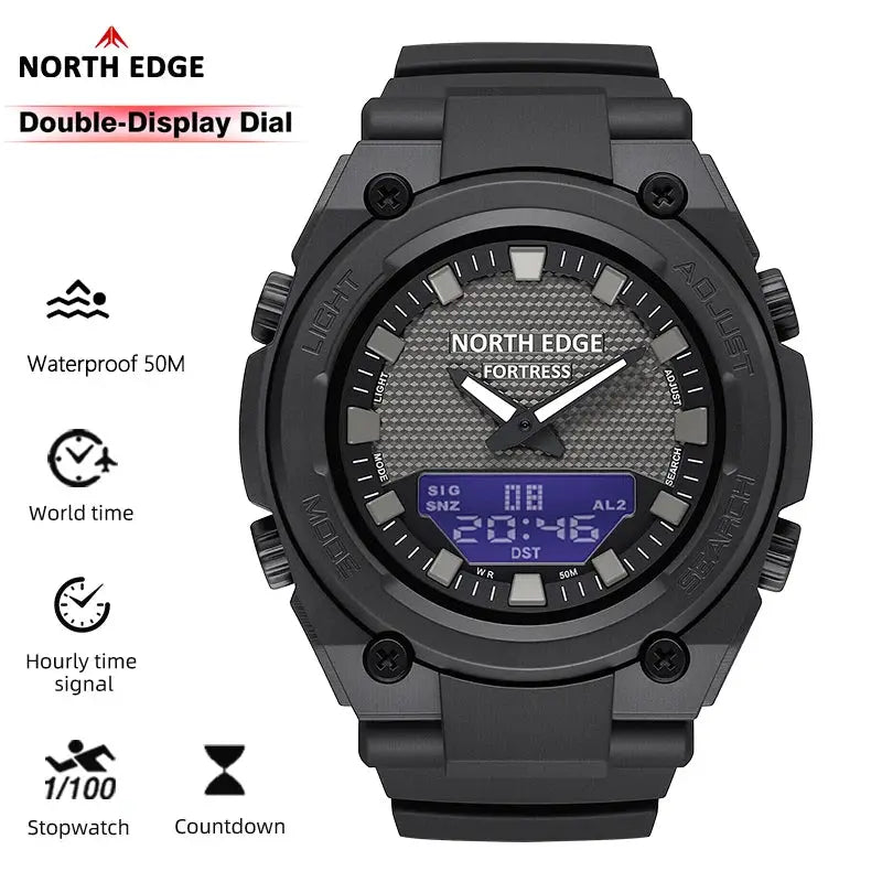 North Edge Fortress 2026 men's digital watch, black dual-display dial, 50m waterproof, world time
