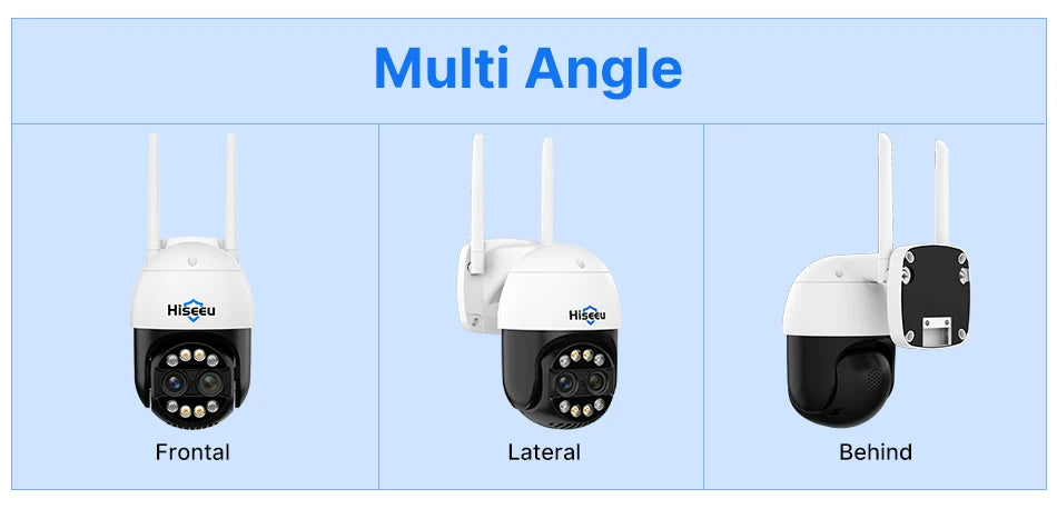 Hiseeu 4K 8MP dual-lens PTZ WiFi outdoor IP camera in white with 8x zoom, three-angle frontal/lateral/behind views