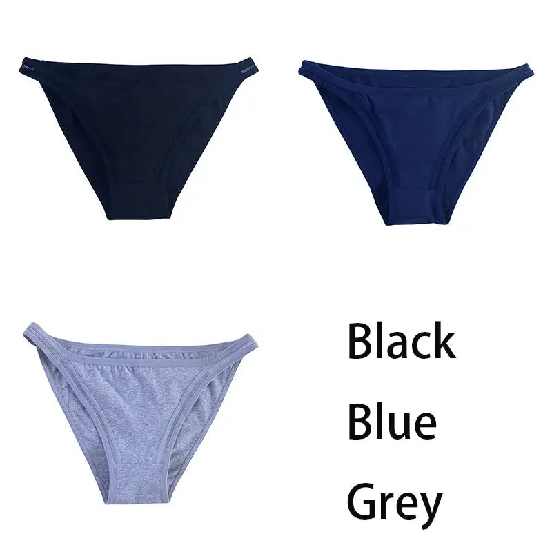 3-pack solid-color women's cotton mesh bikini briefs in black, blue and grey