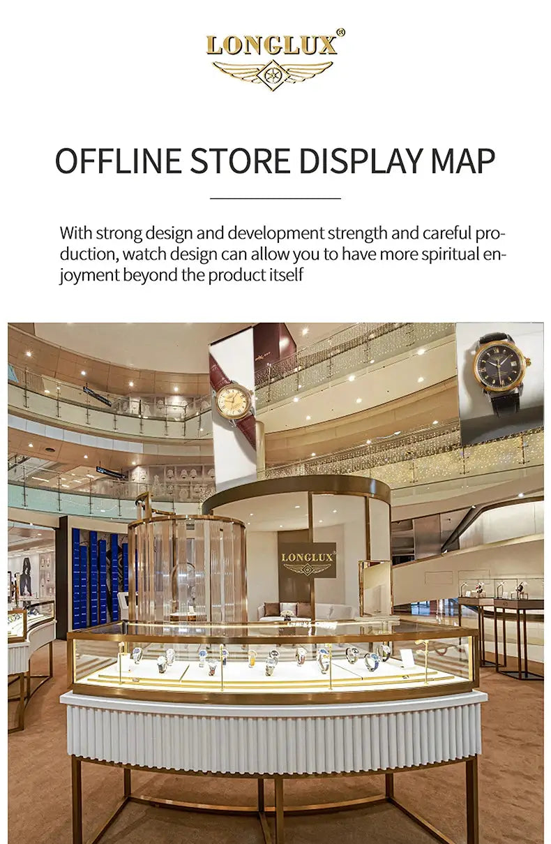 LongLux automatic men's wristwatch display in a luxury mall showroom with a glass case and several watches.