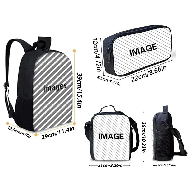 Simples Market kids school backpack set with striped gray backpack, lunch bag, and pencil case (3 pieces)