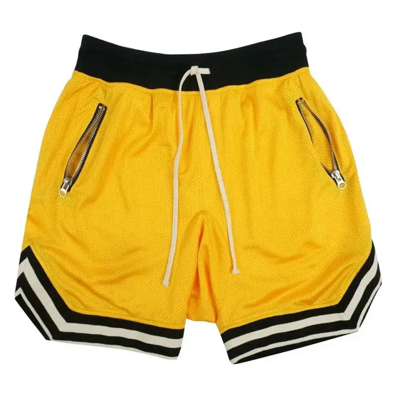 Men's yellow mesh basketball shorts with black waistband, white drawstring, zip pockets and striped hem