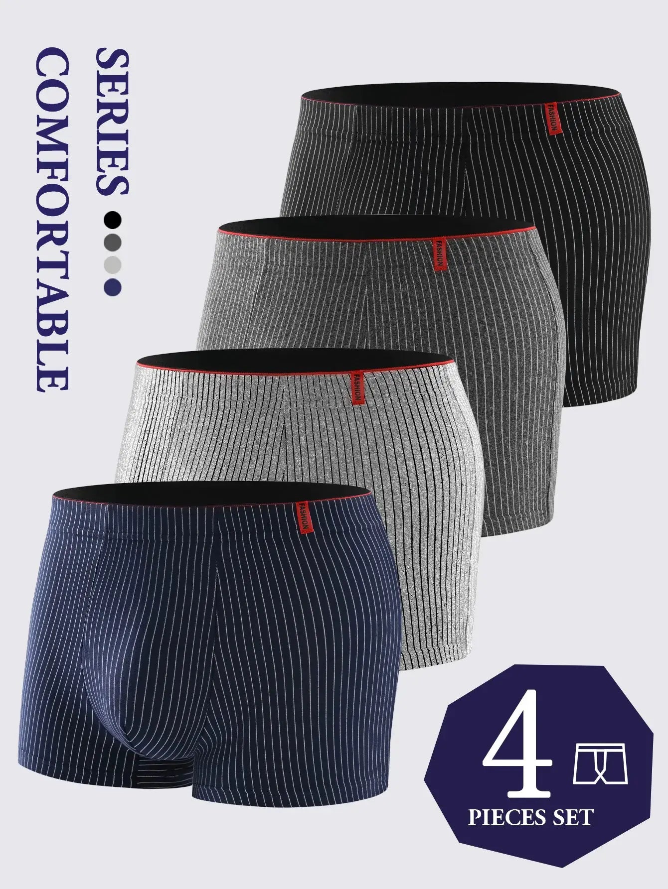 4-piece set of men's striped boxer briefs in navy, gray, light gray and black with red waistband tags