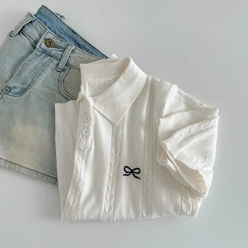 AOSSVIAO Korean Knitted Polo Shirt Women Bow Embroidered Top