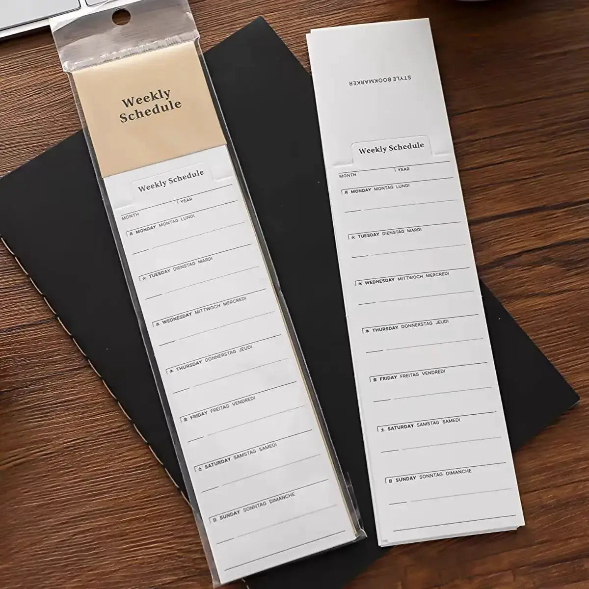 MINKYS bookmark-type weekly planner memo pads, 24 sheets, by Simples Market; white pages with beige header, two packs.