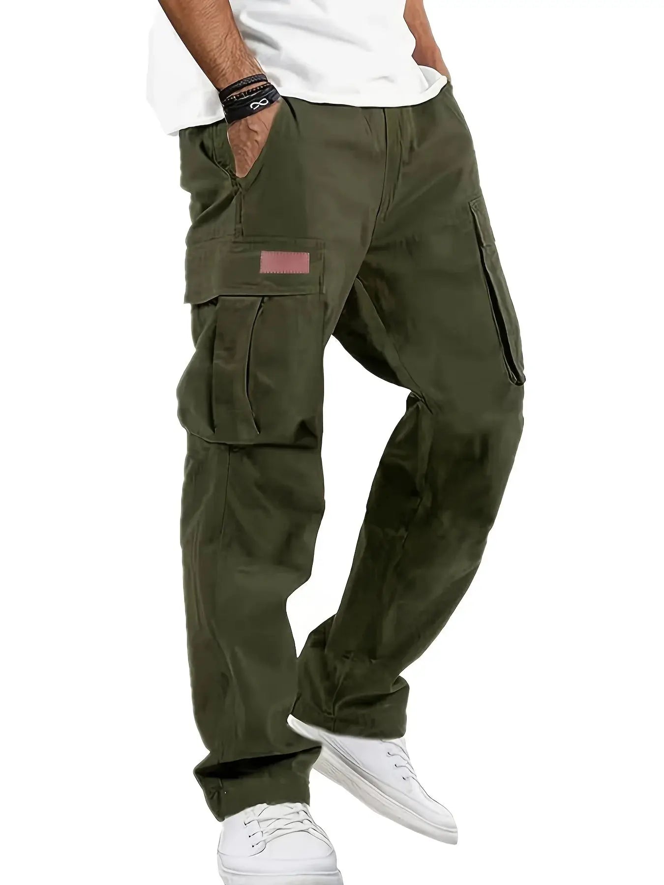 Simples Market men's olive green cargo workwear pants with multiple pockets and a loose straight-leg fit