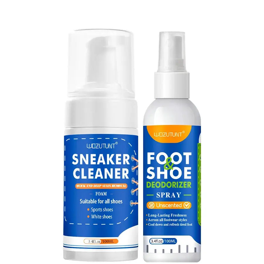 WOZUTUNT sneaker cleaner and foot & shoe deodorizer spray set, two 100ml bottles with blue labels