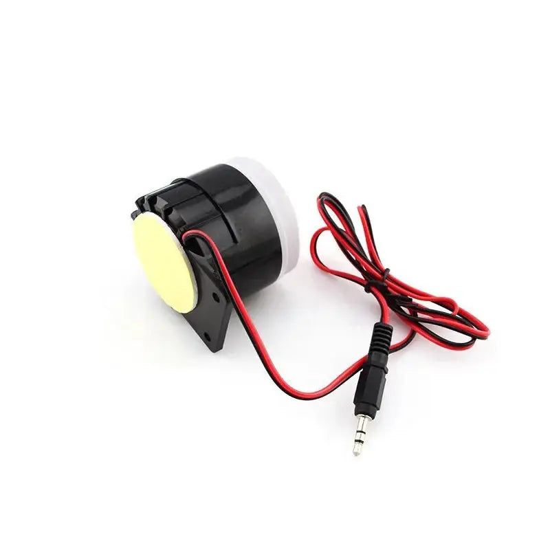 WOFEA wired mini sound alarm siren horn with yellow piezo disk, black housing, red and black power wires.
