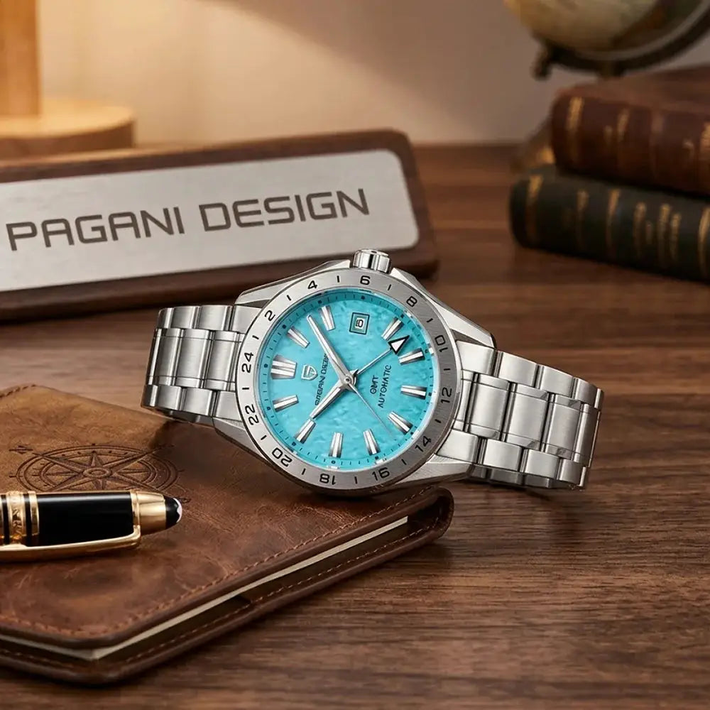 Pagani Design GMT men's watch with turquoise dial, stainless steel bracelet, sapphire glass.