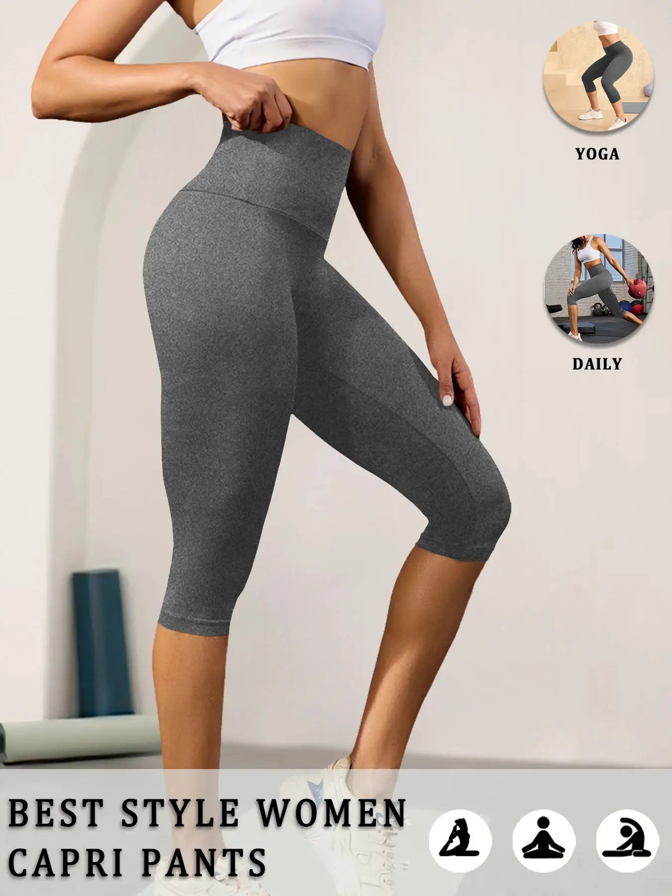 Simples Market women high-waisted gray capri pants with tummy control, soft material for yoga and running