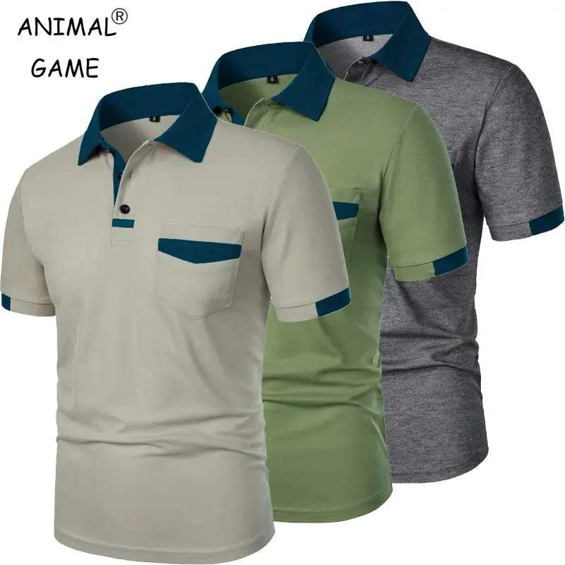 Simples Market men's short sleeve polo shirts with pockets in beige, olive, and gray; breathable lightweight set of 3