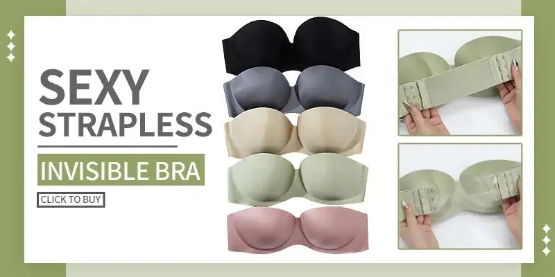 Invisible strapless push-up bra set by Simples Market in five colors (black, gray, beige, sage, pink), silicone.
