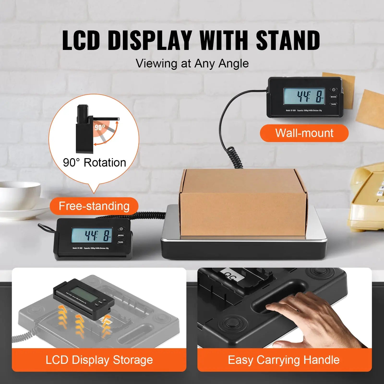 Two digital shipping scales (440lbs) with HD LCD displays, wall-mount and free-standing, weighing a package