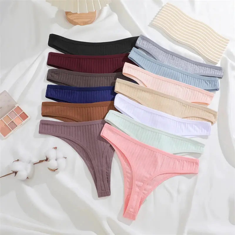 7-pack women’s cotton striped thong underwear, low-waist G-string with T-back, assorted colors