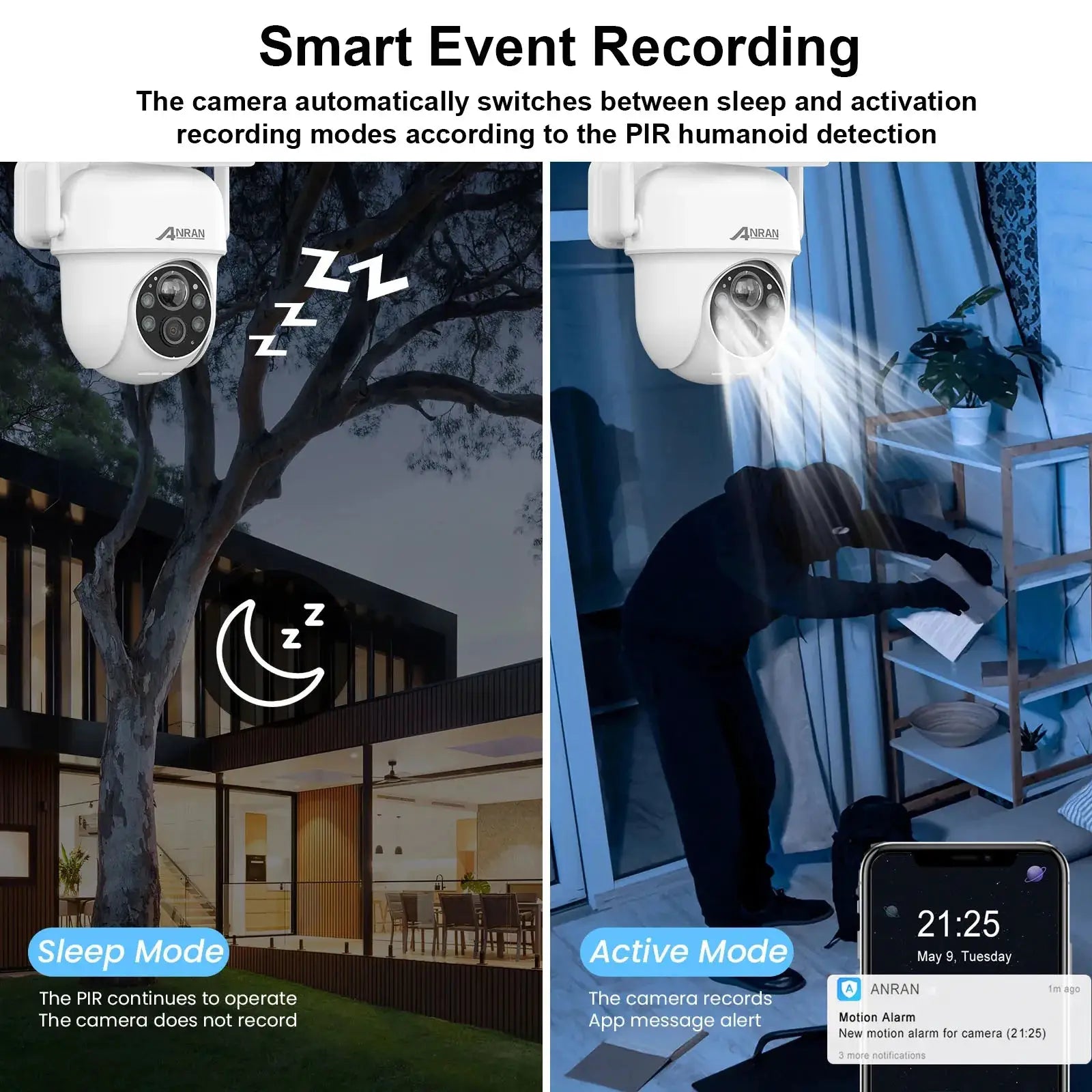 ANRAN solar security camera, white, 2K/3MP with 2.4G WiFi and PIR humanoid detection by Simples Market