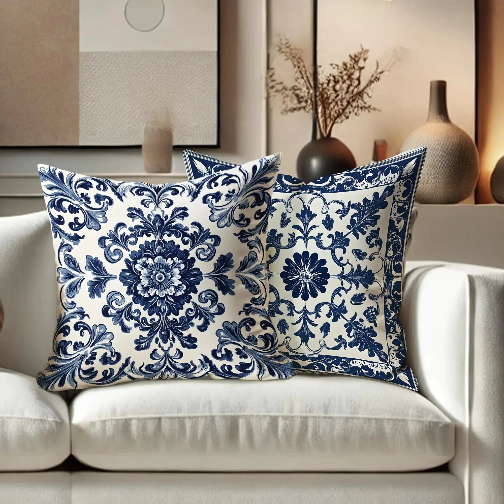 Bohemian blue and white floral pillowcases by Simples Market (set of 2) on a white sofa.