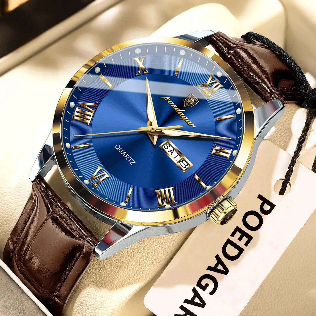 POEDAGAR Original Men Leather Strap Quartz Watch Luminous Waterproof Stainless Steel Case Timepiece
