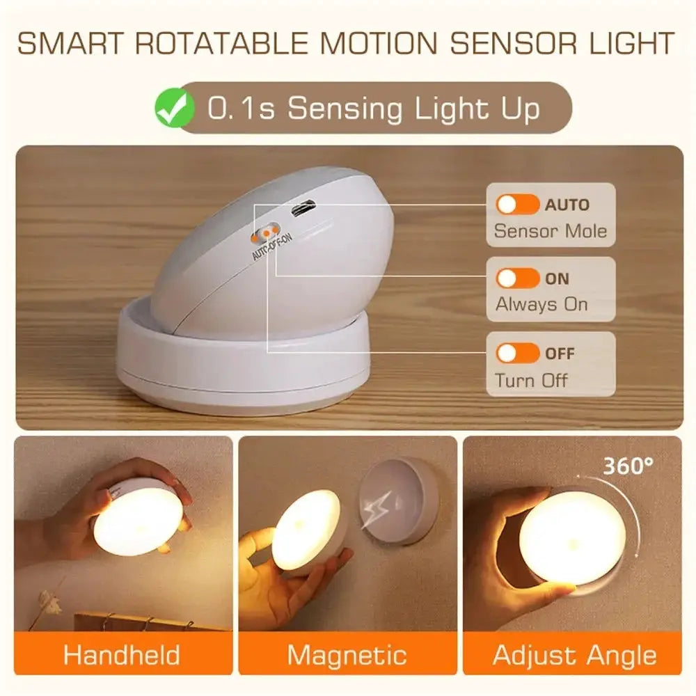 Night light USB motion-sensor lamp, round white LED with 360° rotatable angle, Simples Market