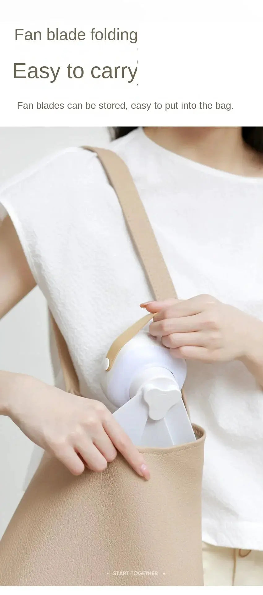 Portable handheld fan in white being placed into a beige bag; compact and lightweight.