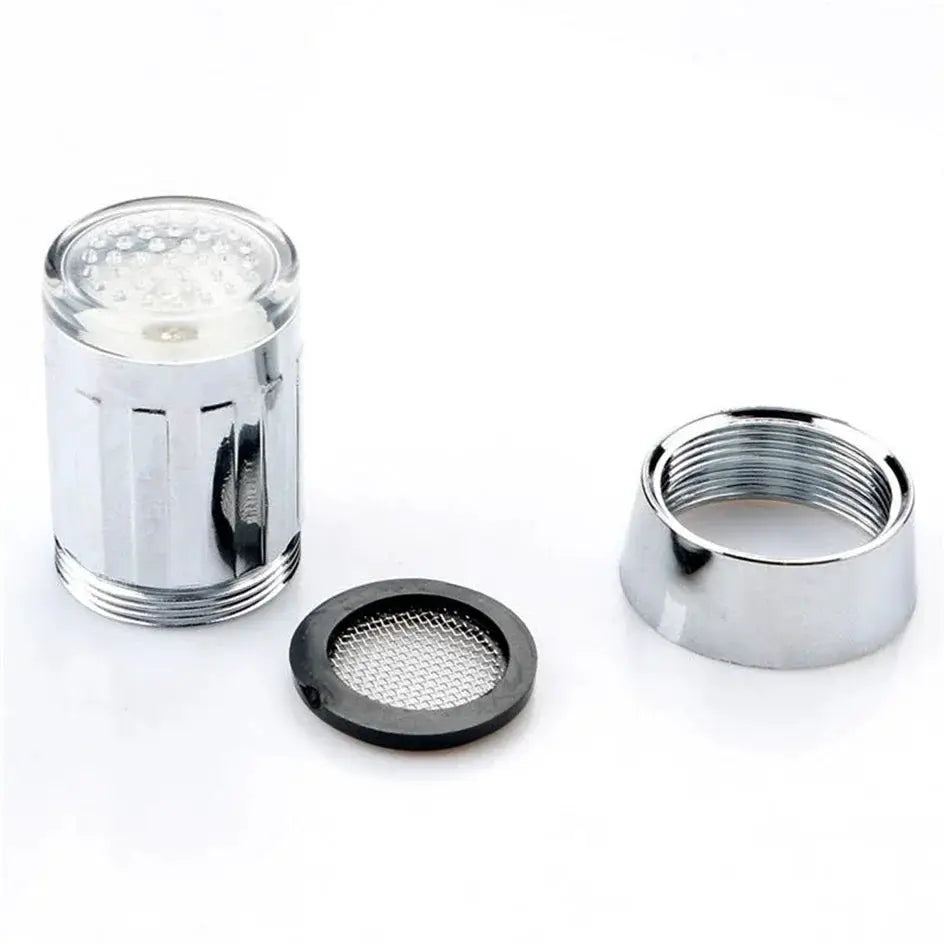 Chrome LED faucet aerator kit with 3-color changing glow, mesh screen and gasket, 3-piece set.