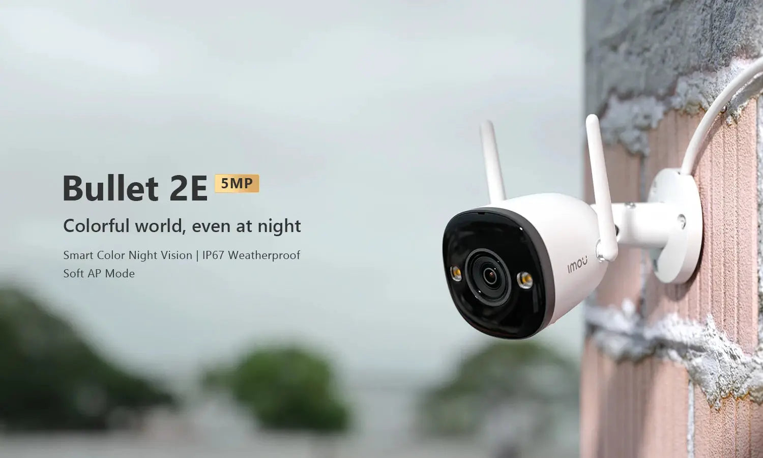 IMOU Bullet 2E 5MP outdoor security camera with built-in spotlight, IP67 waterproof, white, wall-mounted.
