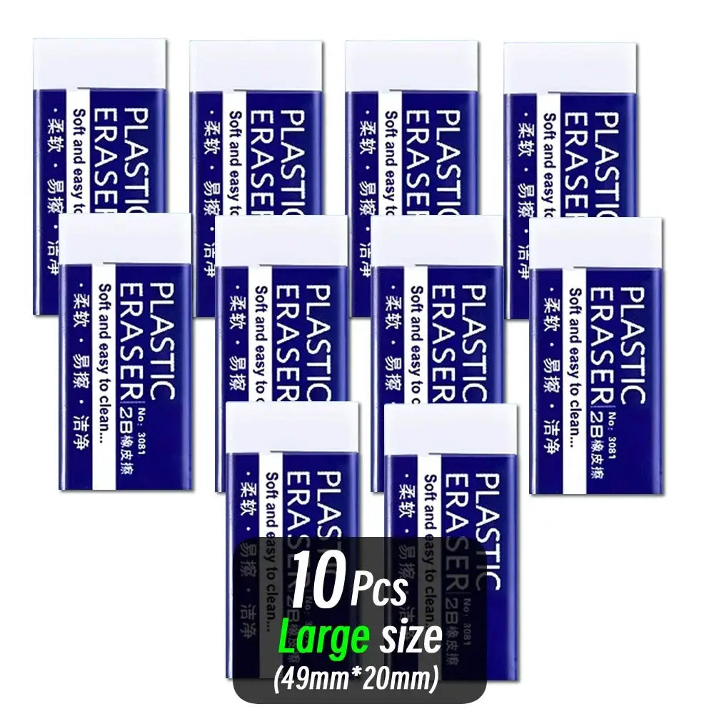 Plastic eraser 10pcs, large size 49mm x 20mm, blue and white pack for school and office use