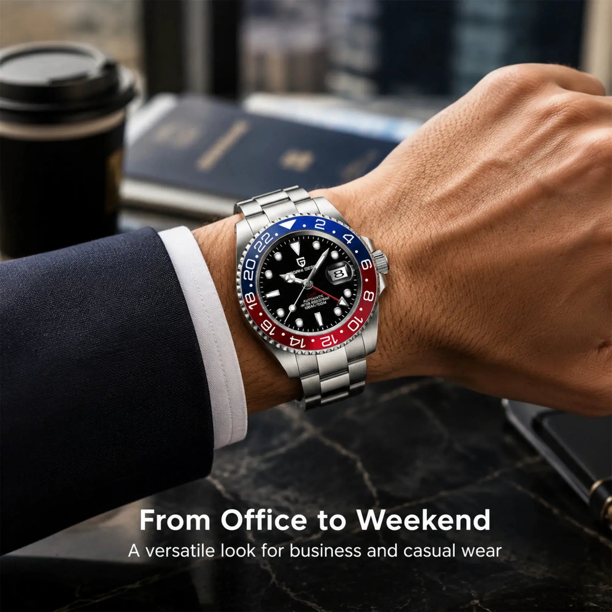 Pagani Design men's stainless steel GMT watch with blue and red bezel and black dial