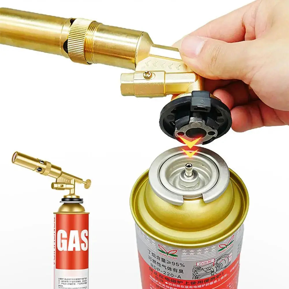 Simples Market brass outdoor welding gas torch with canister adapter attached to red gas canister.