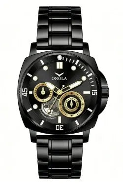 ONOLA men's black stainless steel sports watch with subdials and waterproof automatic movement