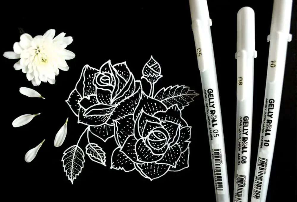 Three white Gelly Roll gel pens on a black background beside a white rose line art illustration