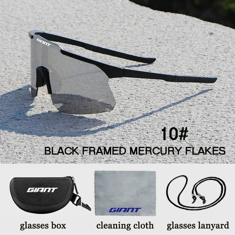 Giant cycling sunglasses with black TR90 frame and mercury-flakes lenses; includes case, cleaning cloth, and lanyard