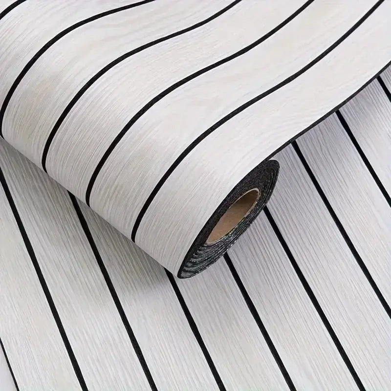 Self-adhesive wallpaper roll with white wood-grain texture and black vertical stripes.