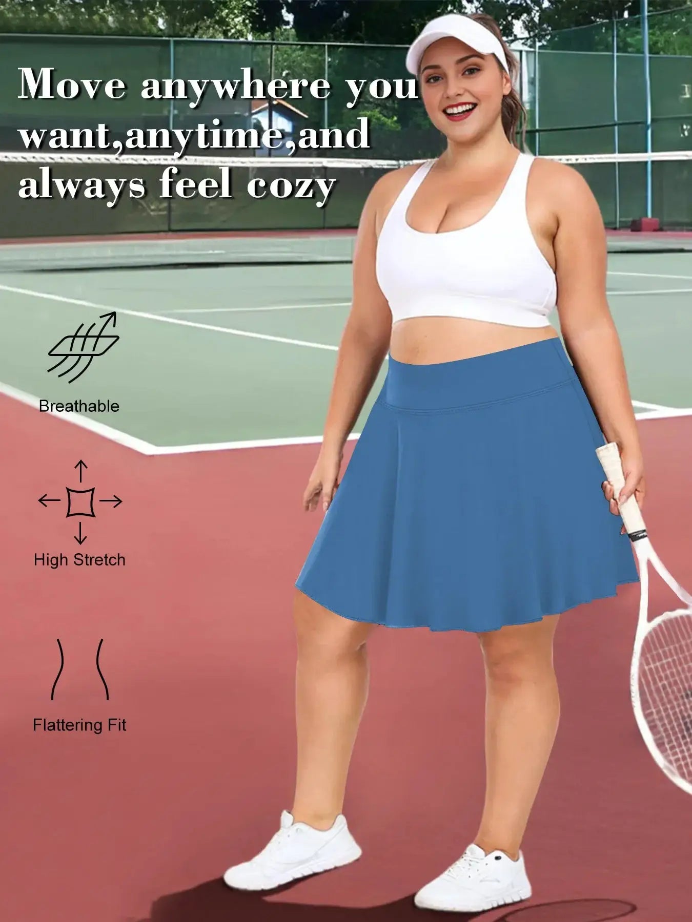 Plus-size model wearing Simples Market blue pocketed high-waist fitness short skirt