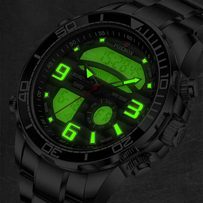 FOXBOX military-style men's sport watch with black metal band and green luminous display