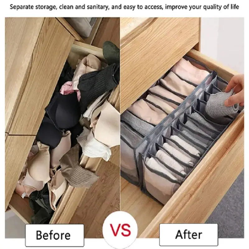 11-compartment collapsible underwear storage organizer in gray nylon mesh for drawers, by Simples Market