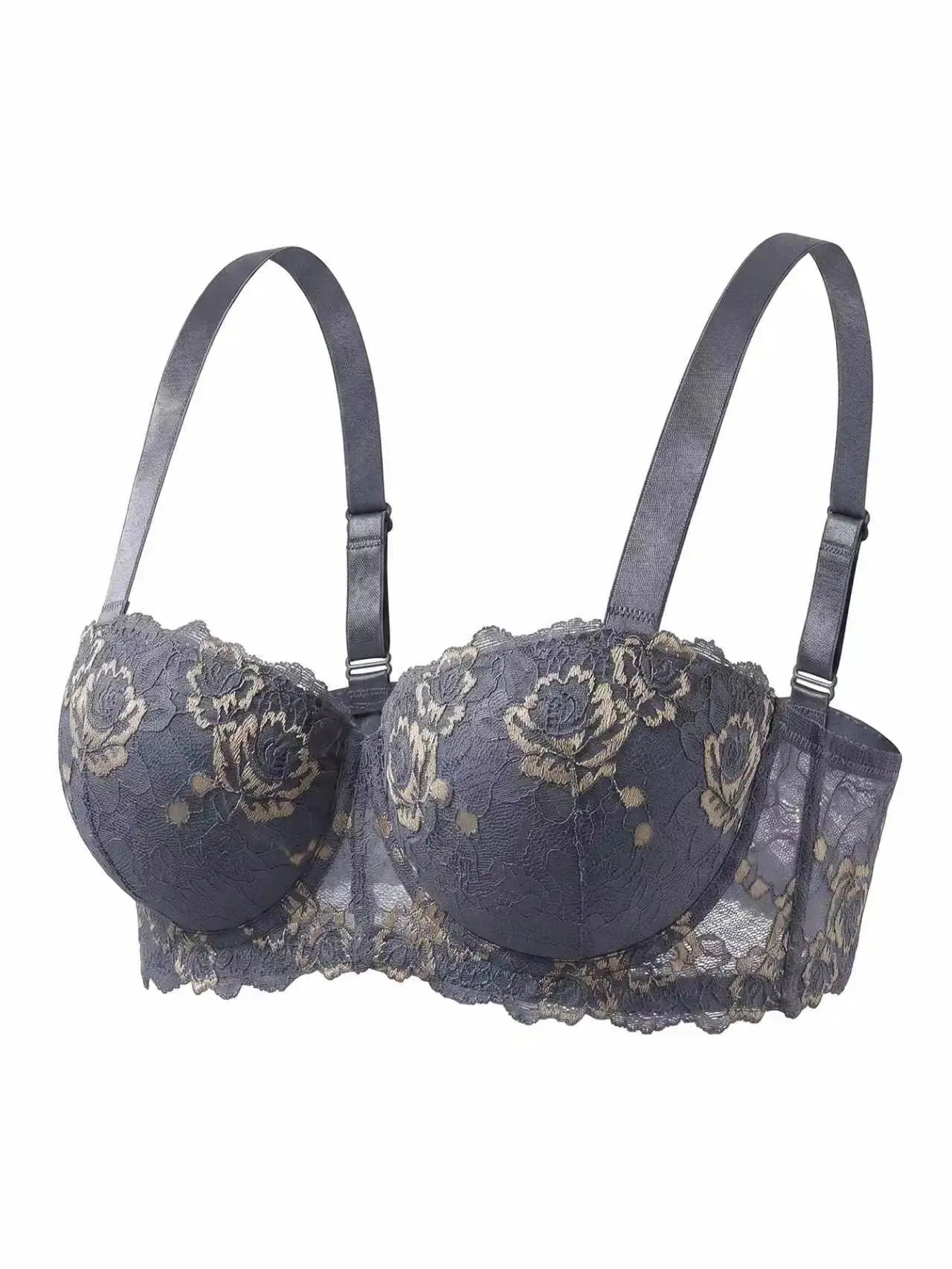 Simples Market Daily Wide Strap plus-size lace and embroidery push-up bra in dark blue-gray with underwire support