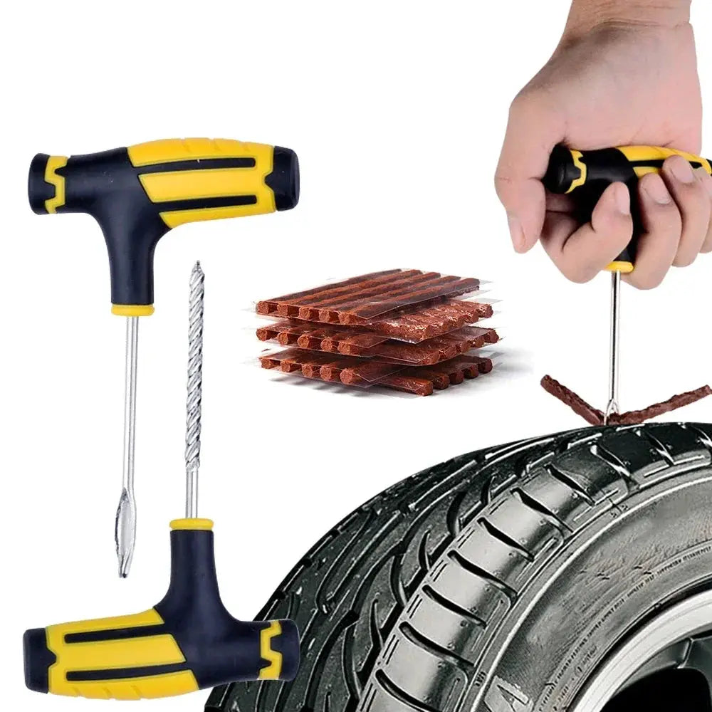 Tire repair kit with tubeless repair strips and T-handle tools for punctures, car tyre image