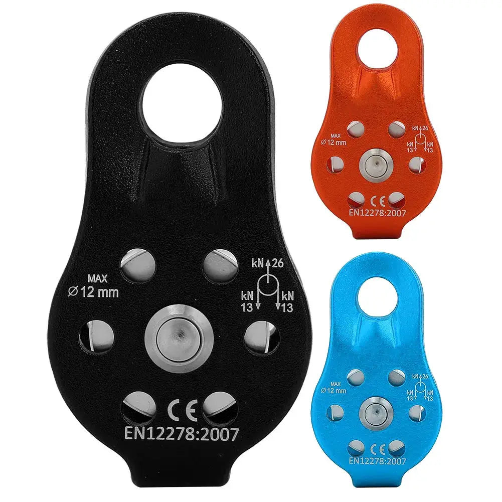 Set of three Simples Market 26kN aluminium single-swivel rope pulley blocks for 12mm rope in black, orange and blue.