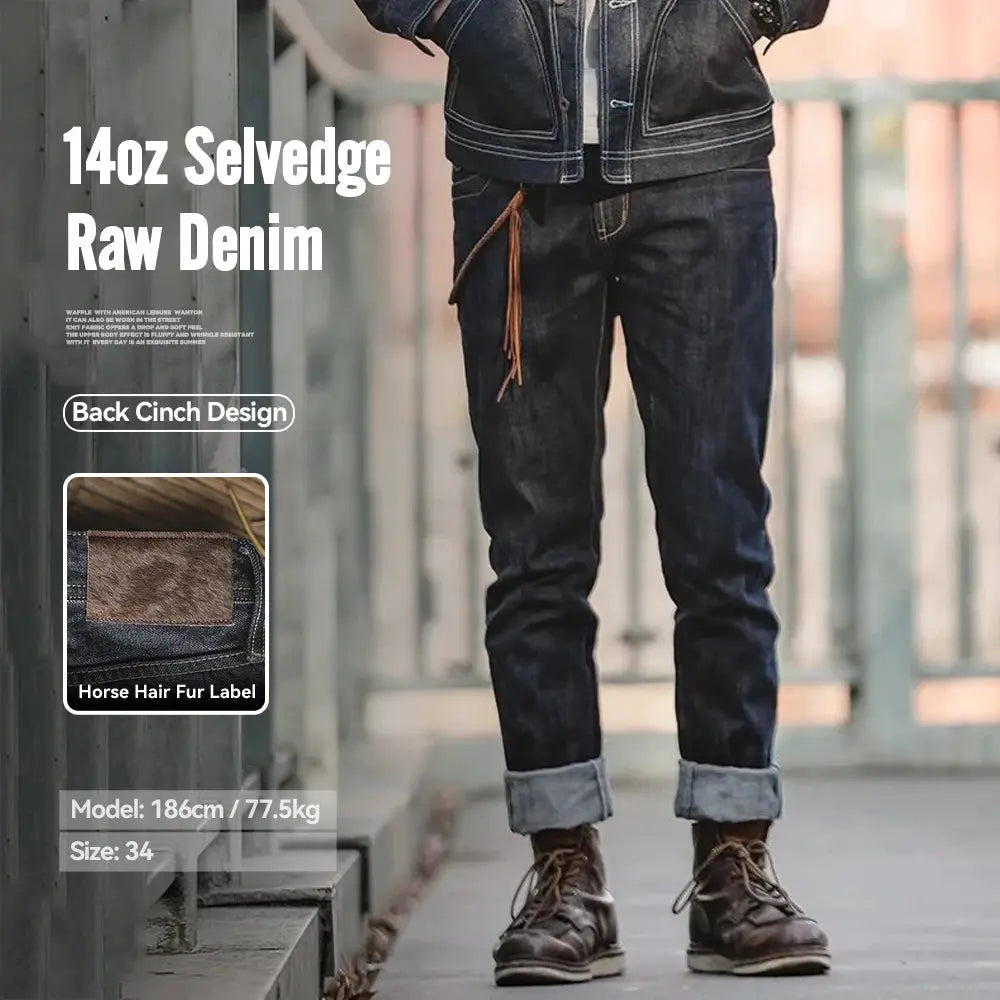 Maden Vintage 14oz Selvedge Denim Jeans Paris Buckle Straight Fit
